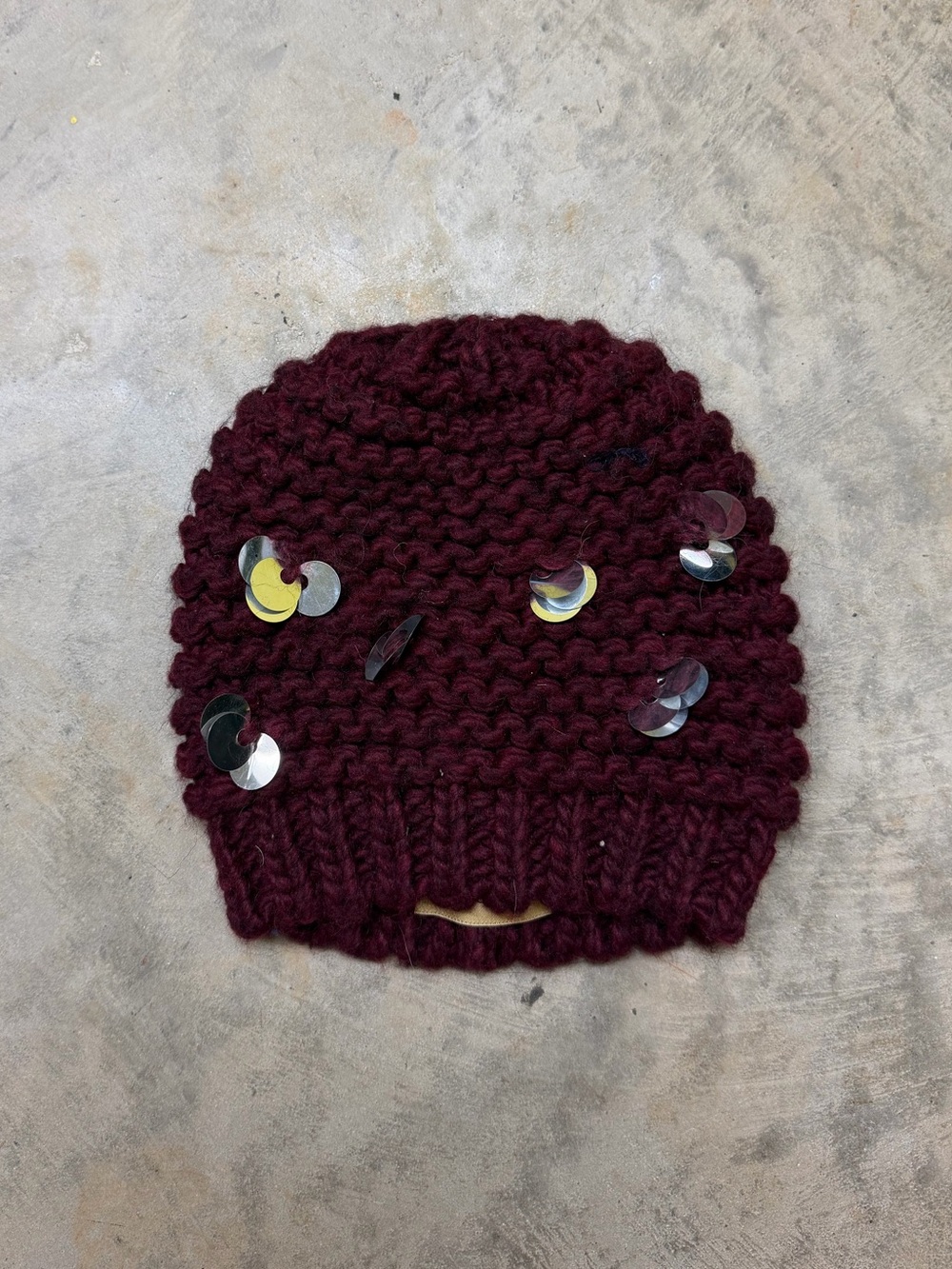 Chunky Sequin Knit Beanie Hat in Burgundy